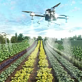 Scenic Farmland With Neat Crop Rows Various Colored Crops And Drones Spraying Under Blue Sky