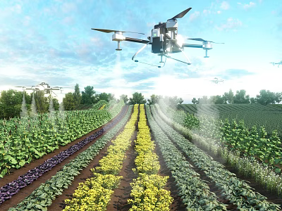 Scenic Farmland With Neat Crop Rows Various Colored Crops And Drones Spraying Under Blue Sky 3d model