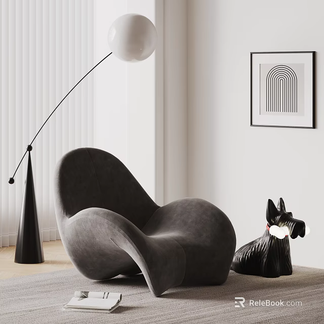 Gray Velvet Armchair With Floor Lamp Dog Figurine And White Wall Blinds 3d model 