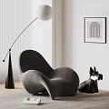 Gray Velvet Armchair With Floor Lamp Dog Figurine And White Wall Blinds