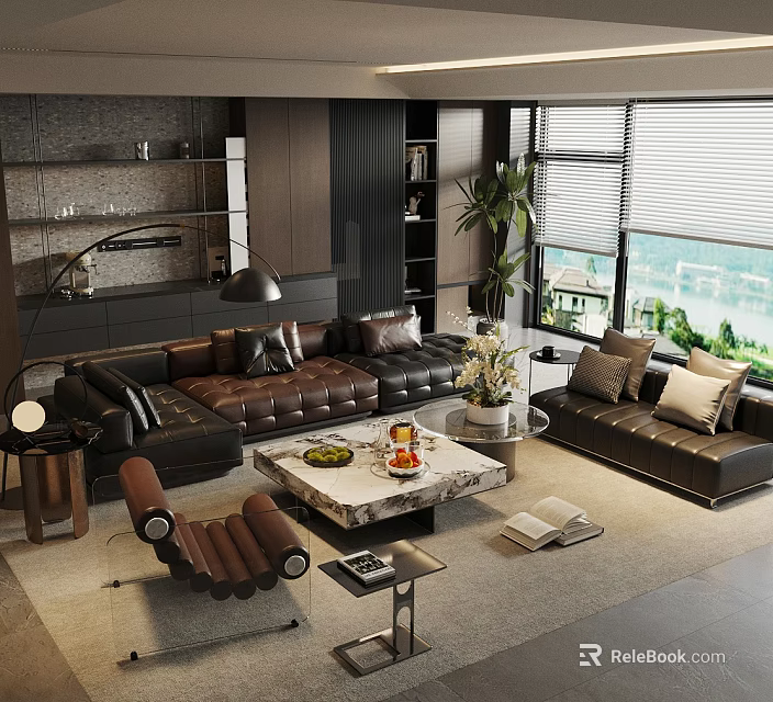 Modern Living Room Interior With Black Brown Leather Sofas And Marble Coffee Table 3d model