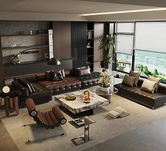 Modern Italian Home Living Room Sofa Coffee Table Combination High Grey Living Room Italian Light Luxury Living Room Black and White Grey Living Room Multi-Person Sofa Three-Person Sofa 3d model