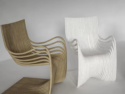 Modern Single Chair Design With Curved Lines Wooden And White Contemporary Style 3d model