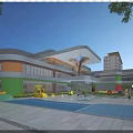 Modern School Building with Glass Facade and Connecting Corridors Outdoor Playground for Children Activities