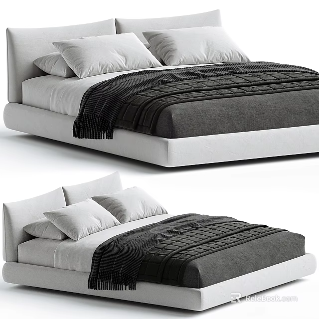 Modern Double Bed Design With White Headboard Black Blanket And Soft Pillows 3d model