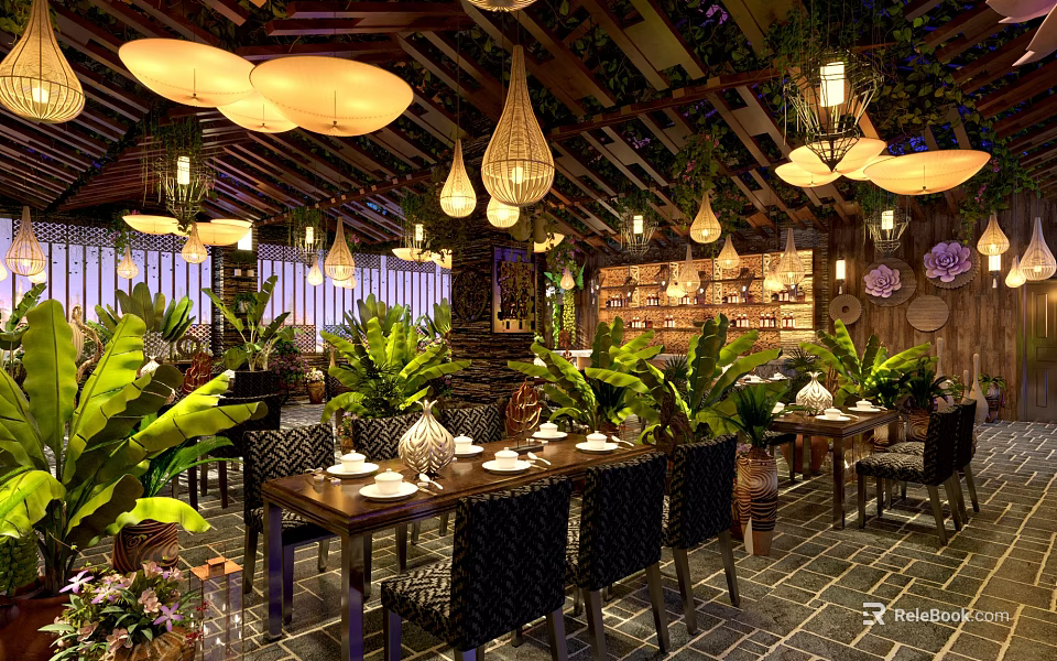 Tropical Restaurant Interior With Hanging Pendant Lights Green Plants And Wooden Ceiling 3d model 
