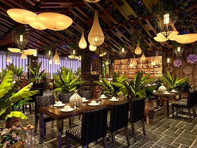 Tropical Restaurant Interior With Hanging Pendant Lights Green Plants And Wooden Ceiling 3d model