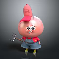 Cute Pink Cartoon Character in Red USE Cap Blue Overalls Holding Pitchfork Yellow Shoes