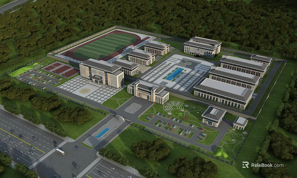 Detailed Aerial Planning of School Campus with Buildings Sports Field and Green Spaces 3d model 