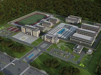 Detailed Aerial Planning of School Campus with Buildings Sports Field and Green Spaces 3d model