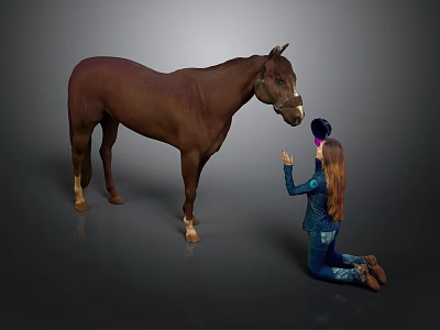Woman Kneeling On Ground Reaching Out To Brown Horse In Blue Outfit And Hat 3d model