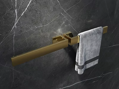 Stylish Bathroom Accessories Golden Towel Rack On Dark Marble Wall With Gray Towel 3d model