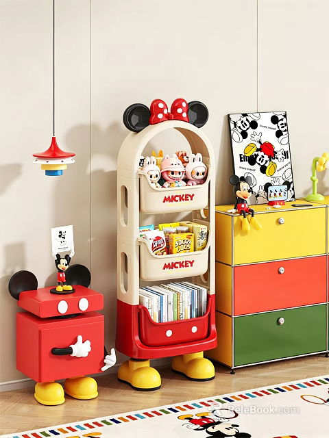 Mickey Themed Kids Room Shelf With Toys Snacks And Books Storage 3d model 