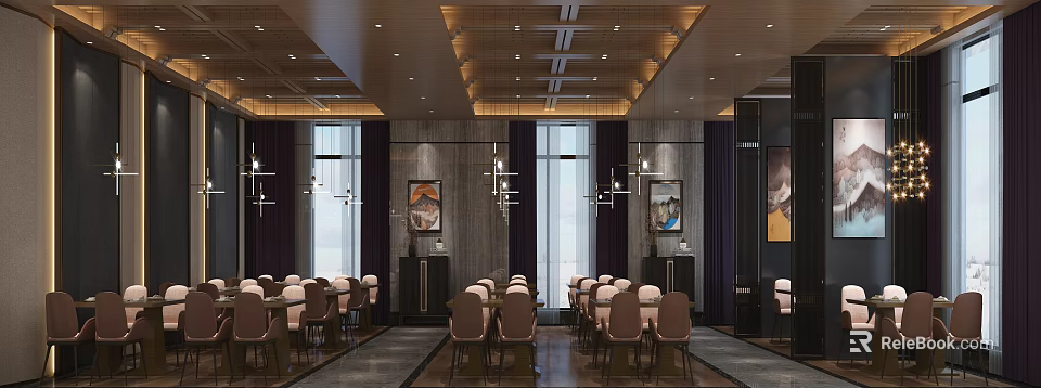 Modern Restaurant Interior With Tables Chairs Chandeliers Large Windows And Decorative Paintings 3d model 