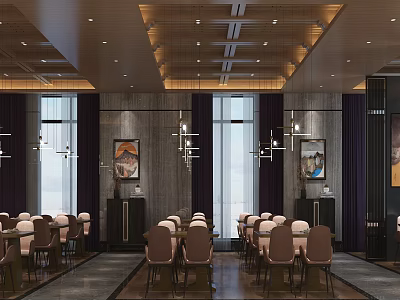Modern Restaurant Interior With Tables Chairs Chandeliers Large Windows And Decorative Paintings 3d model