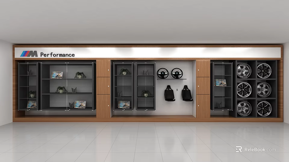 Modern Display Shelves with Glass Showcases Wooden Frames Performance Branding Wheels and Black Items 3d model 