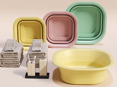 Colorful Square And Round Washbasins With Stacked Towels And Hand Soap 3d model