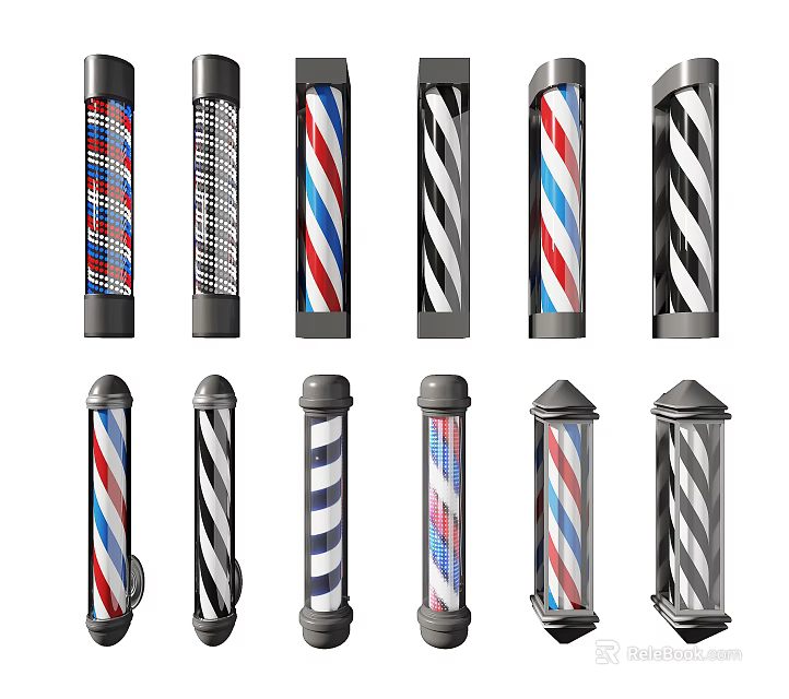 Assorted Barber Poles With Red Blue White Black Striped Patterns And Different Styles 3d model 