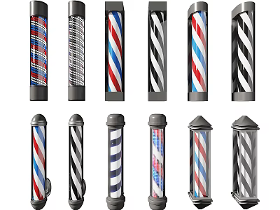 Assorted Barber Poles With Red Blue White Black Striped Patterns And Different Styles 3d model