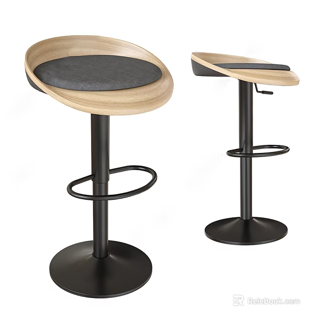 Modern Design Bar Stools With Wooden Padded Seat Adjustable Metal Frame And Round Base 3d model 