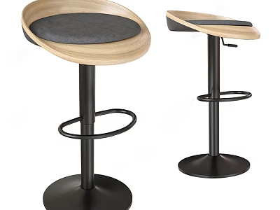 Modern Design Bar Stools With Wooden Padded Seat Adjustable Metal Frame And Round Base 3d model