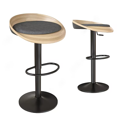 Modern Design Bar Stools With Wooden Padded Seat Adjustable Metal Frame And Round Base 3d model