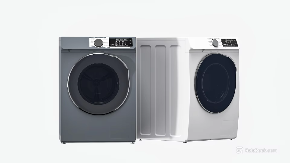 Two Gray and White Front Loading Washing Machines with Control Panels 3d model 