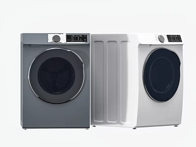 Two Gray and White Front Loading Washing Machines with Control Panels 3d model