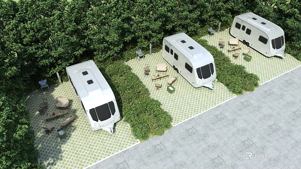 RV Parking Lot Surrounded by Lush Trees With Tables Chairs and Checkerboard Ground 3d model 