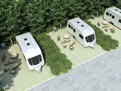 RV Parking Lot Surrounded by Lush Trees With Tables Chairs and Checkerboard Ground 3d model