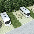 RV Parking Lot Surrounded by Lush Trees With Tables Chairs and Checkerboard Ground