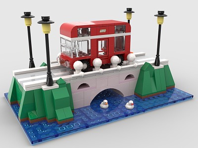 LEGO toy building blocks double decker bus small bridge river duck 3d model