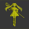 Game Movie Character With White Long Hair Red Staff And White Dress Yellow Trim