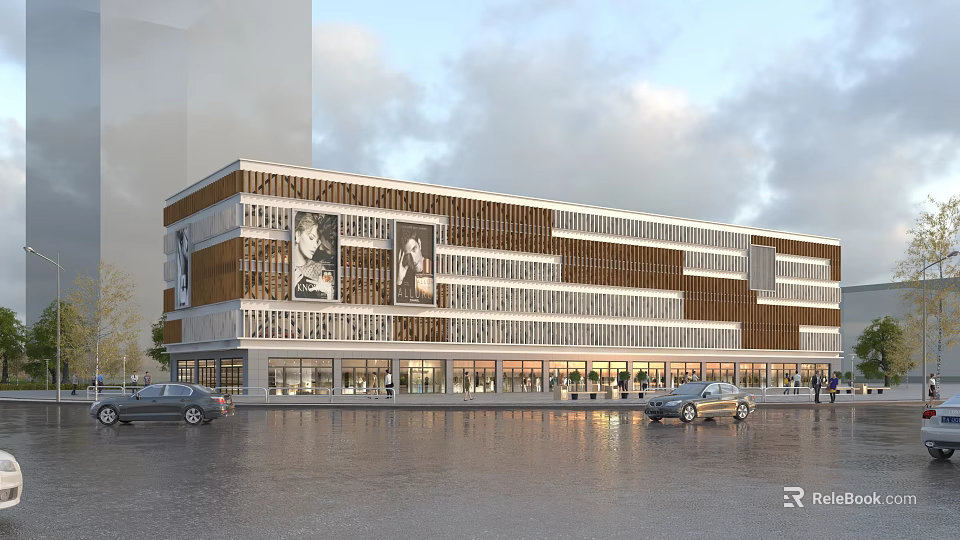 Modern Commercial Building With Glass Facade Wooden Panels Pedestrians And Cars Outside 3d model 