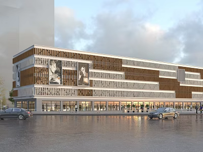 Modern Commercial Building With Glass Facade Wooden Panels Pedestrians And Cars Outside 3d model