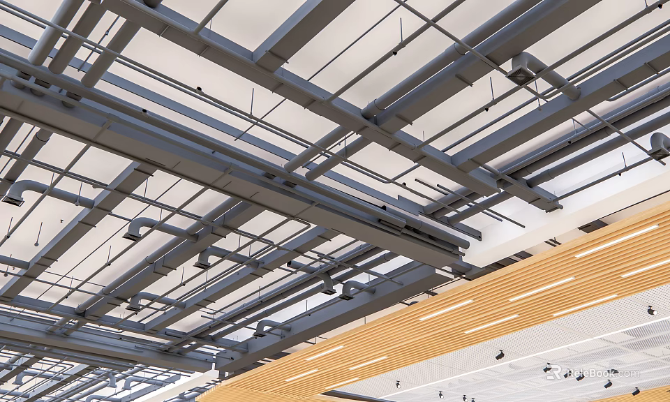 Industrial Ceiling Mounted Metal Pipes With Structural Support Framework In Building Interior 3d model 