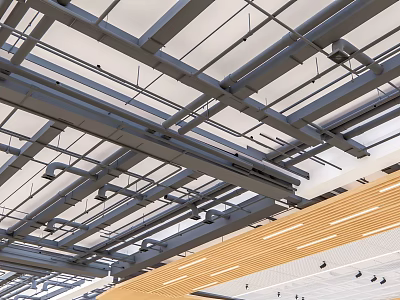 Industrial Ceiling Mounted Metal Pipes With Structural Support Framework In Building Interior 3d model