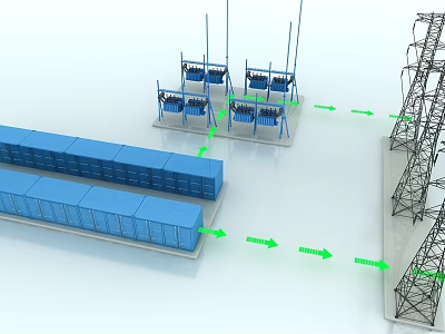Industrial Equipment System With Containerized Energy Storage Units Connected To Power Transmission Towers 3d model