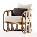 Modern Single Sofa With Beige Fabric Wooden Armrests And Black Throw Pillow