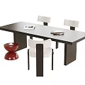 Modern Dark Colored Long Dining Table With White Chairs And Red Side Stool