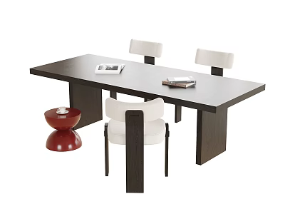 Modern Dark Colored Long Dining Table With White Chairs And Red Side Stool 3d model