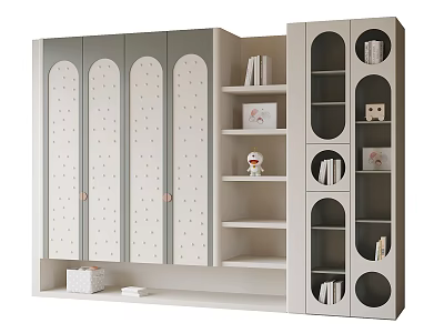 Modern Light Gray And White Wardrobe With Dot Patterned Doors Open Shelves Glass Compartments 3d model