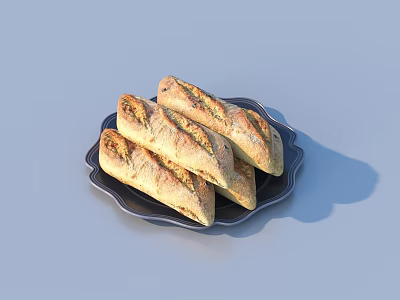 Several Freshly Baked Baguettes on Black Plate with Crusty Herb Toppings 3d model