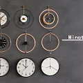 Modern Minotli Wall Clocks Displayed On Gray Background With Multiple Designs 3d model