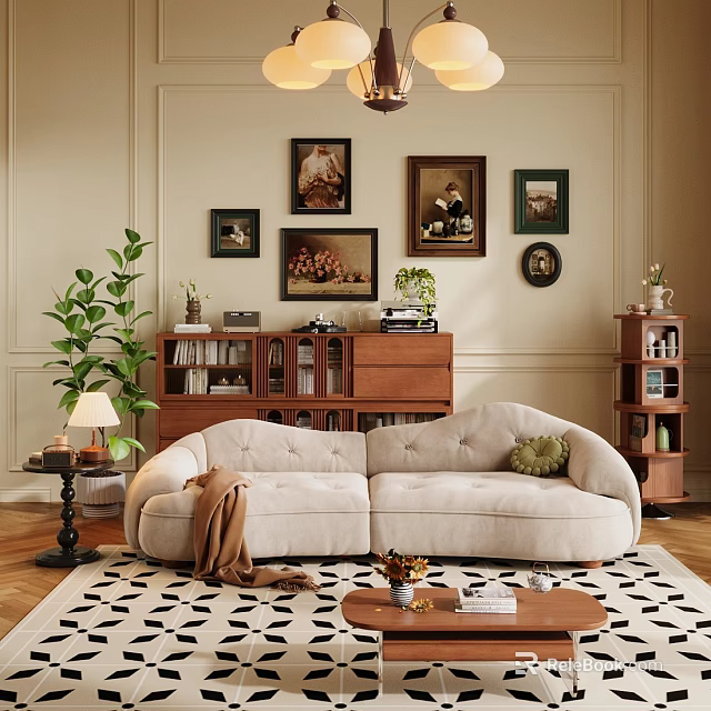 Cozy Vintage Sofa and Coffee Table Set with Wooden Bookshelf Wall Art and Green Plants 3d model 
