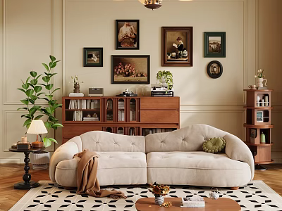 Cozy Vintage Sofa and Coffee Table Set with Wooden Bookshelf Wall Art and Green Plants 3d model