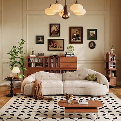 Cozy Vintage Sofa and Coffee Table Set with Wooden Bookshelf Wall Art and Green Plants 3d model