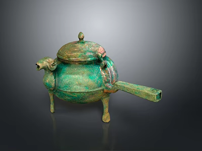 Ancient Bronze Sculpture Vessel With Animal Head Lid Three Legs And Long Spout 3d model