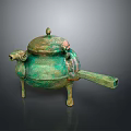 Ancient Bronze Sculpture Vessel With Animal Head Lid Three Legs And Long Spout