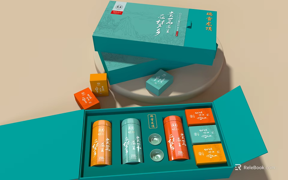 Open Green Tea Gift Box With Colorful Containers And Small Packets 3d model 
